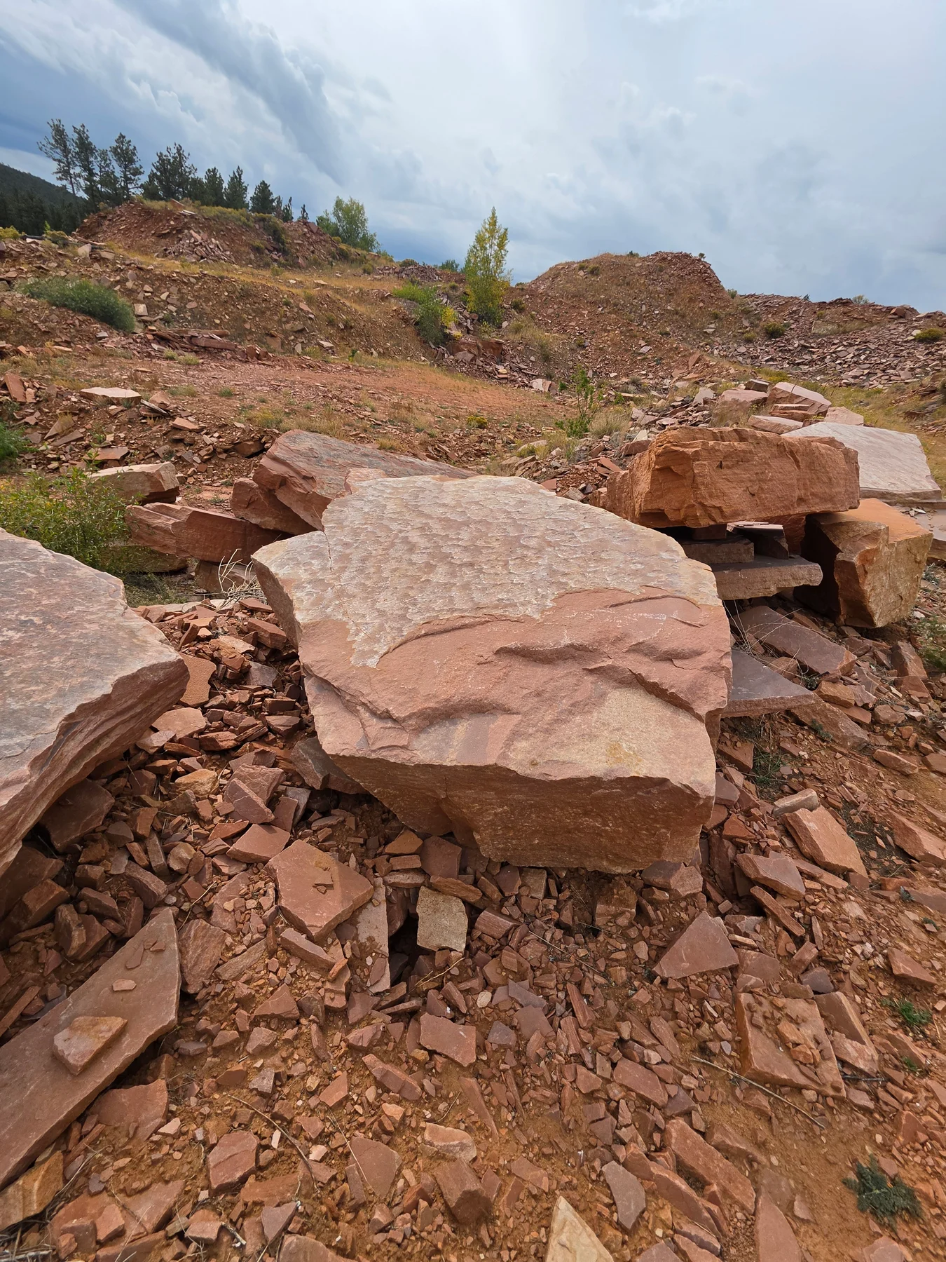 Natural slabs and loose stone across the quarry