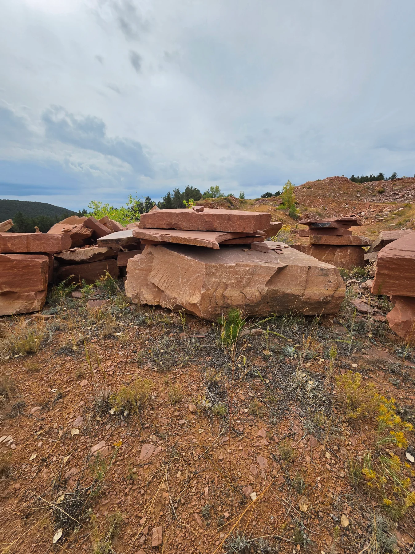Layered sandstone blocks and slabs available for selection at the quarry